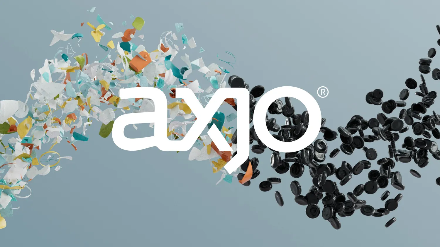 Axjo logotype over plastic waste turning into recycled granules